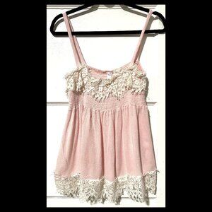 Nextmia Womens Pink w/White Fringe Lace Trim Smocked Cami Tank Top Sz 16 EUC